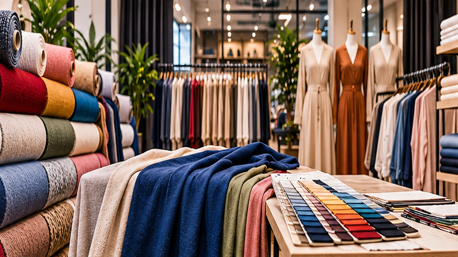 Tekstil showroomunda farklı renk ve dokularda kumaşlar